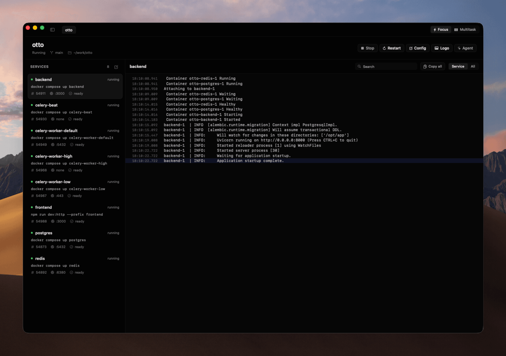 Hun macOS app showing running services, Docker Compose services, and live logs